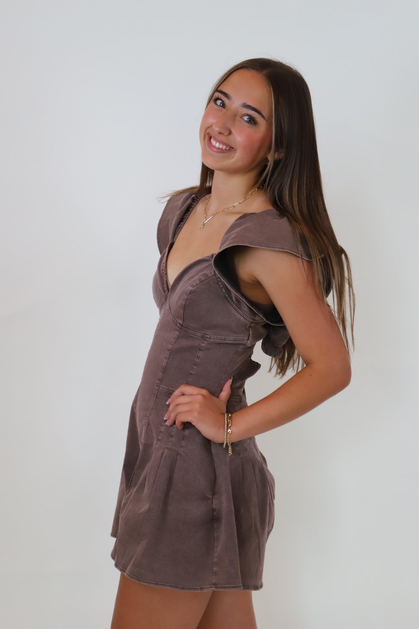 Brown Ruffle Sleeve Romper