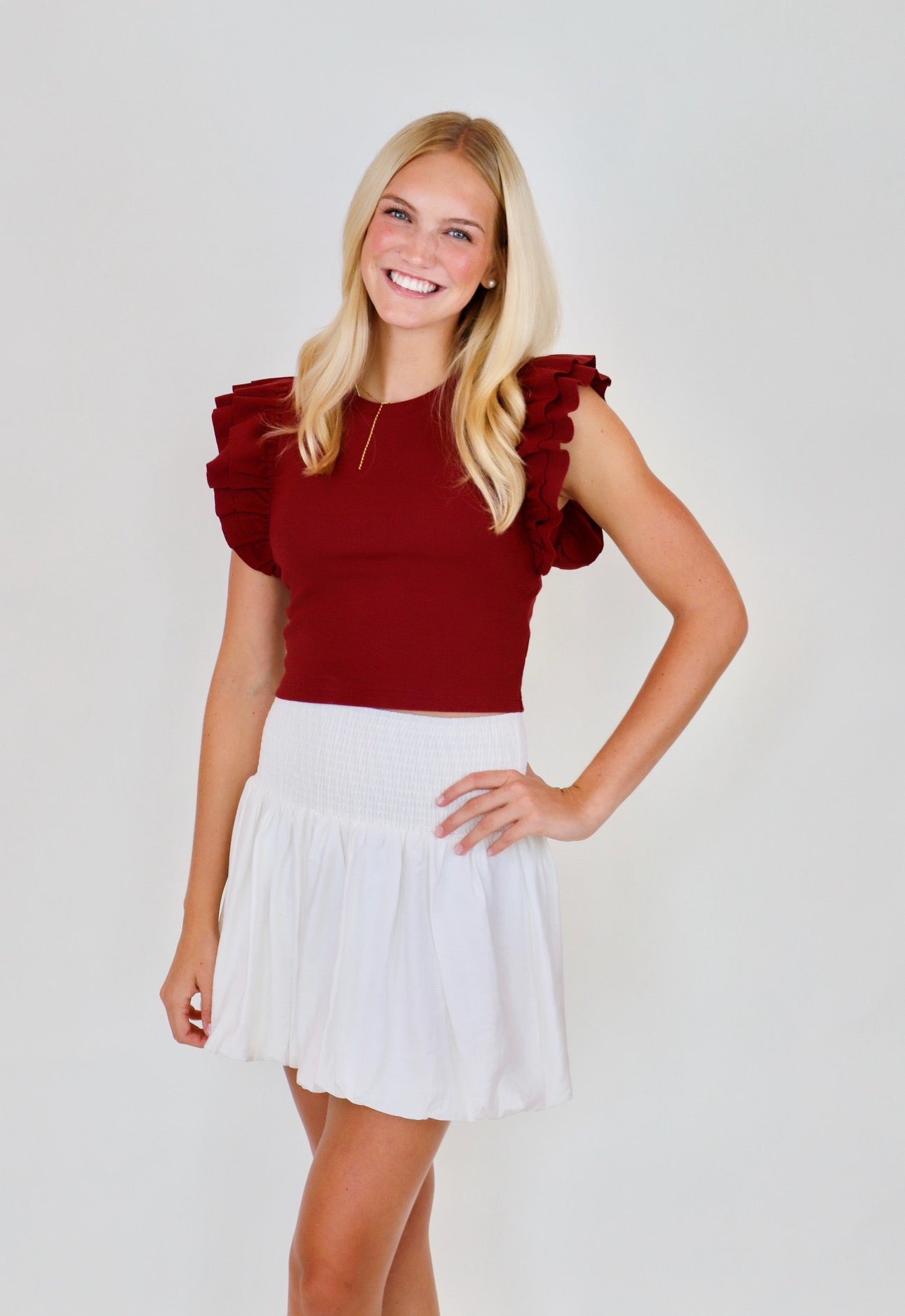 Smocked Waistband Bubble Hem Mini - White