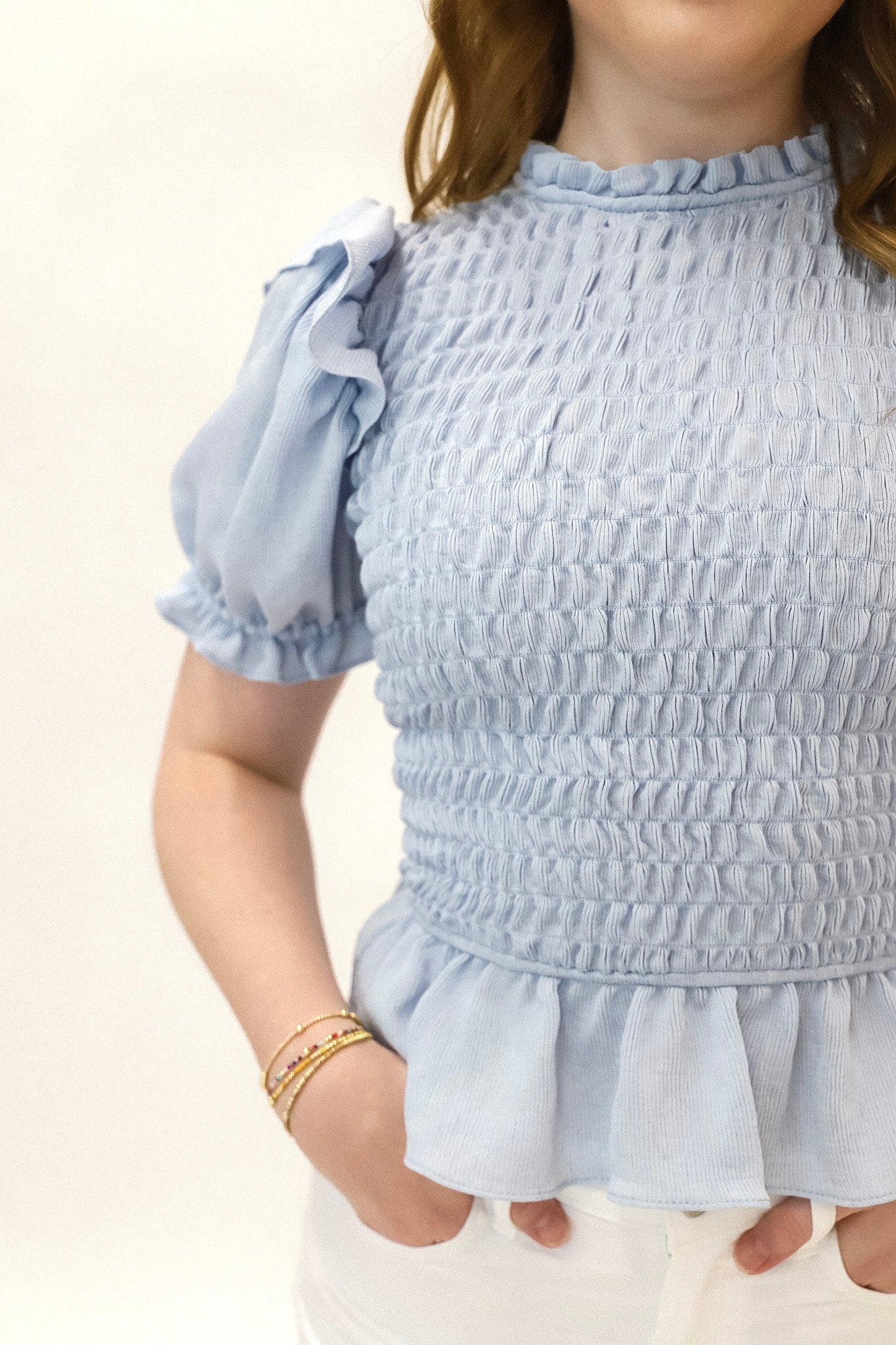 Linen Ruffle Smocking Blouse