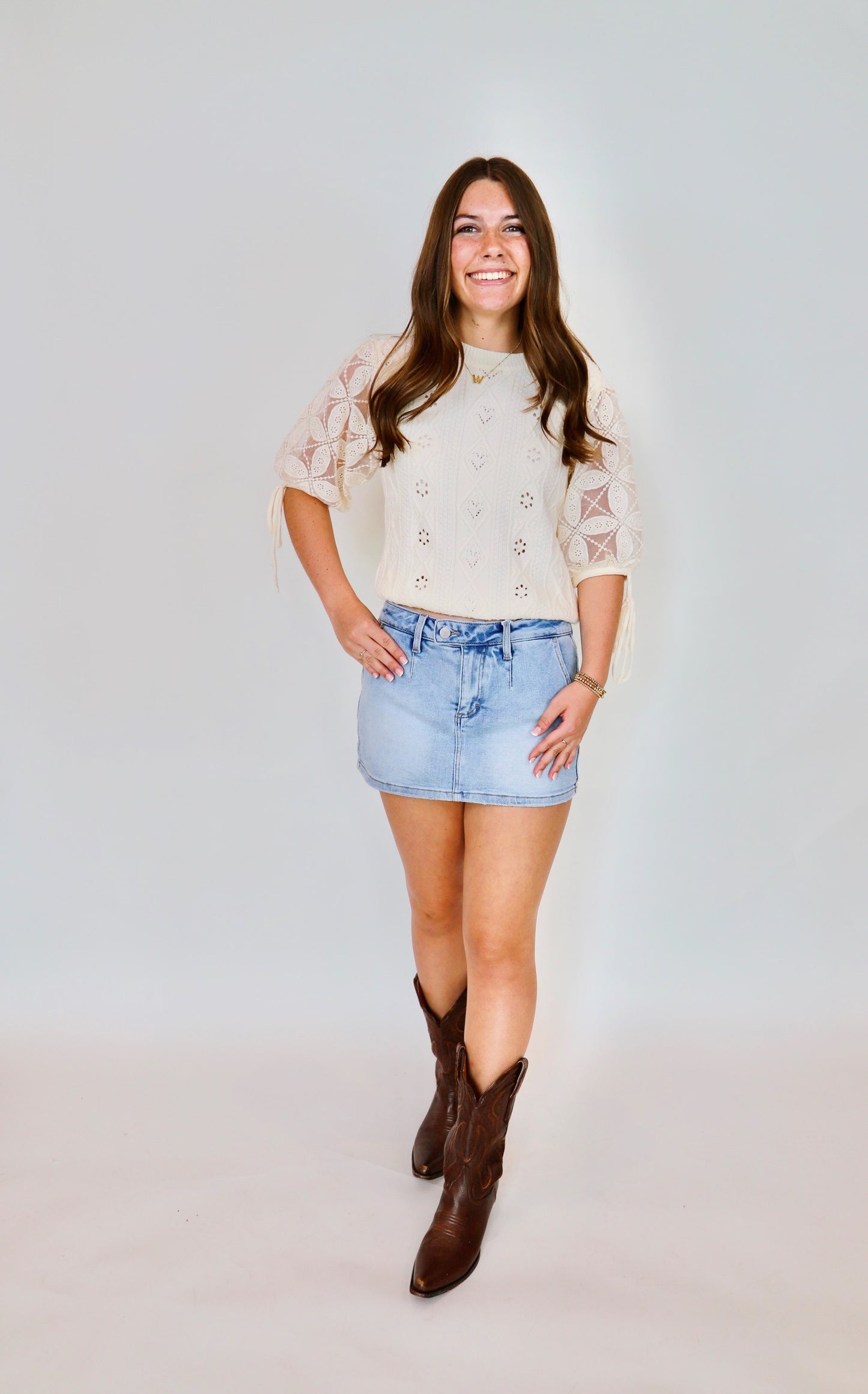 Eyelet Puff Sleeve Sweater