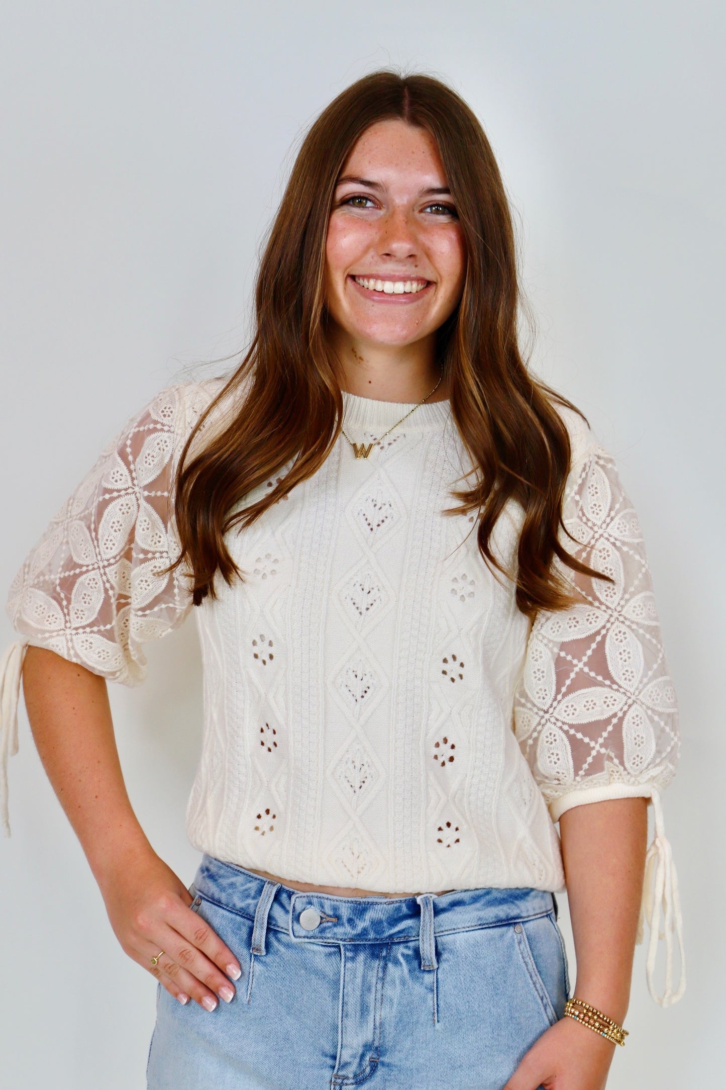 Eyelet Puff Sleeve Sweater