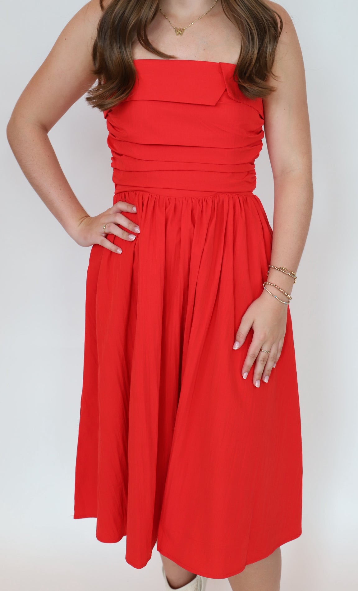 Shirring Detail Midi Dress - Red