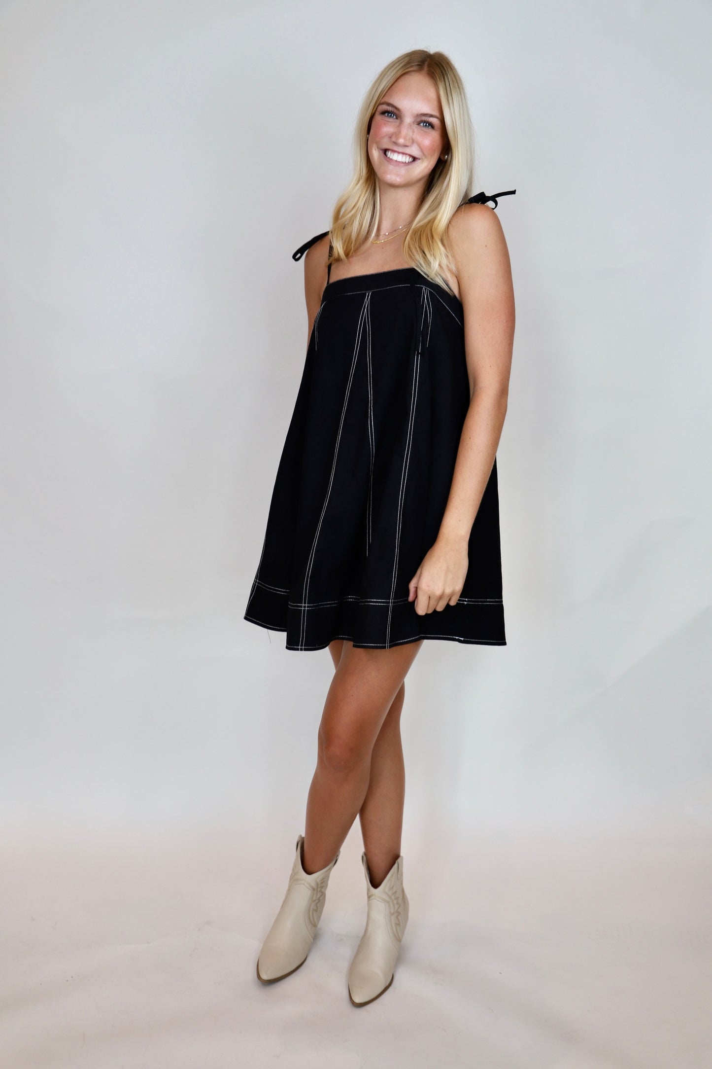 Contrast Top Stitch Mini Dress - Black