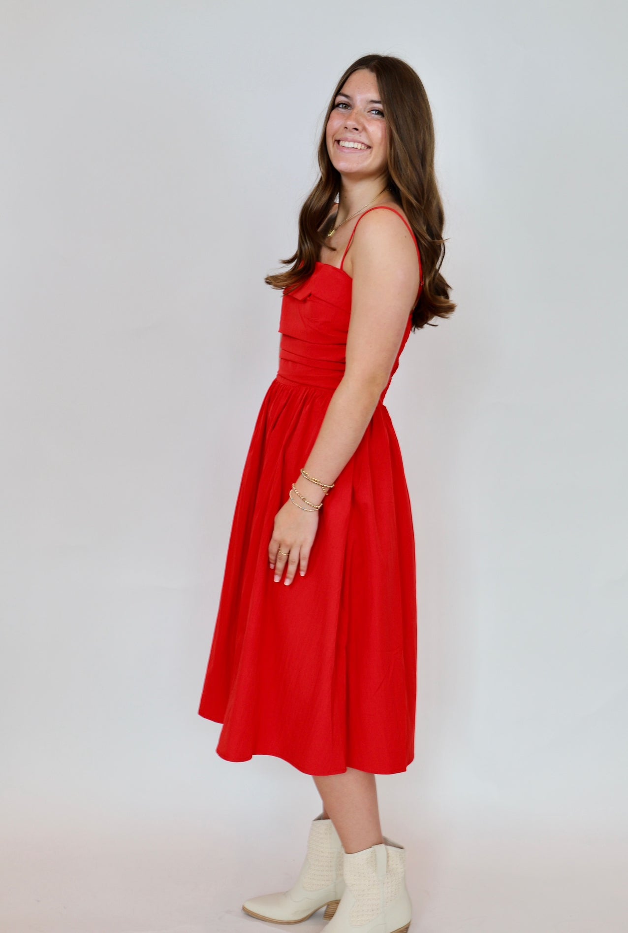 Shirring Detail Midi Dress - Red