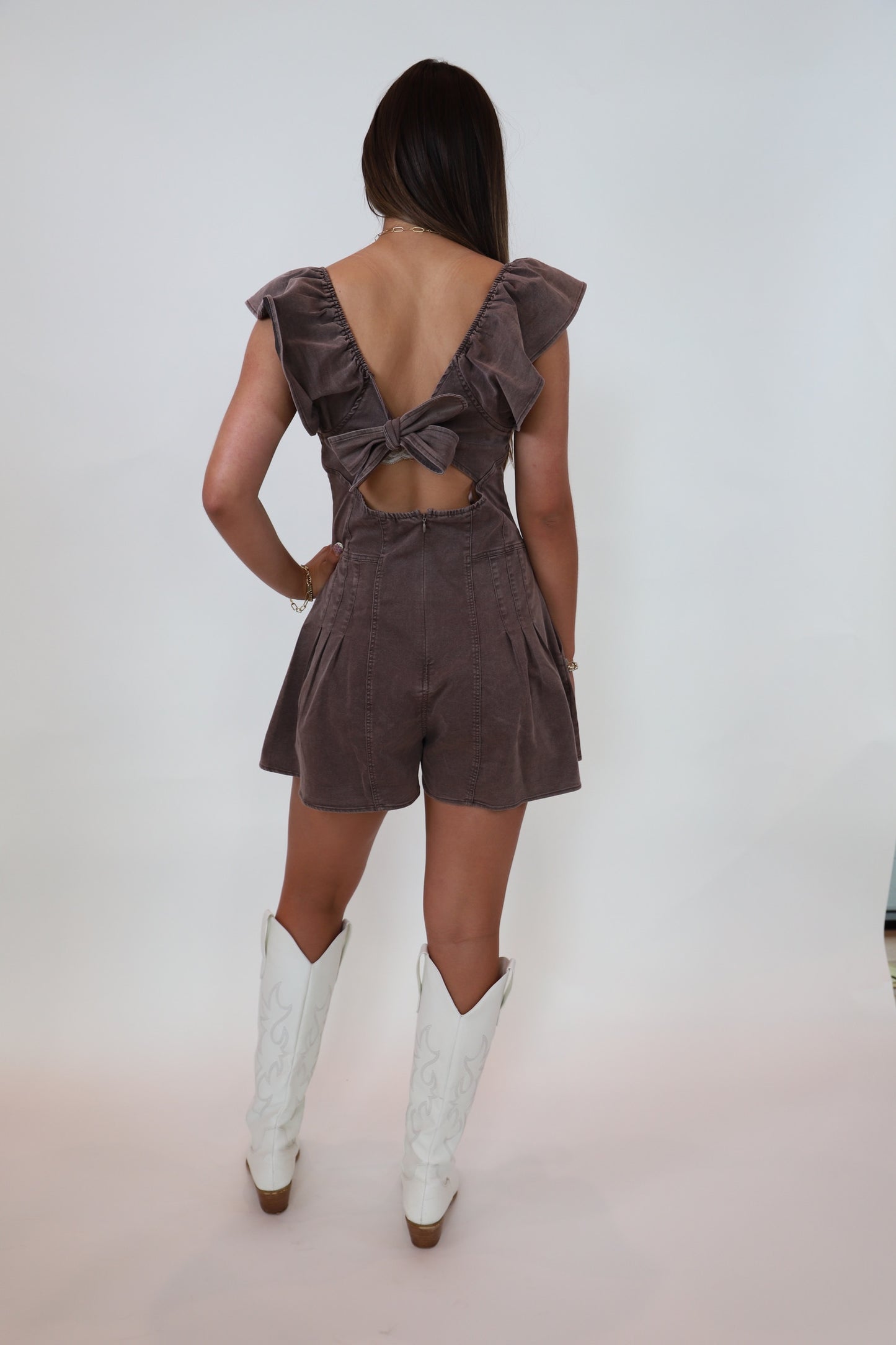 Brown Ruffle Sleeve Romper