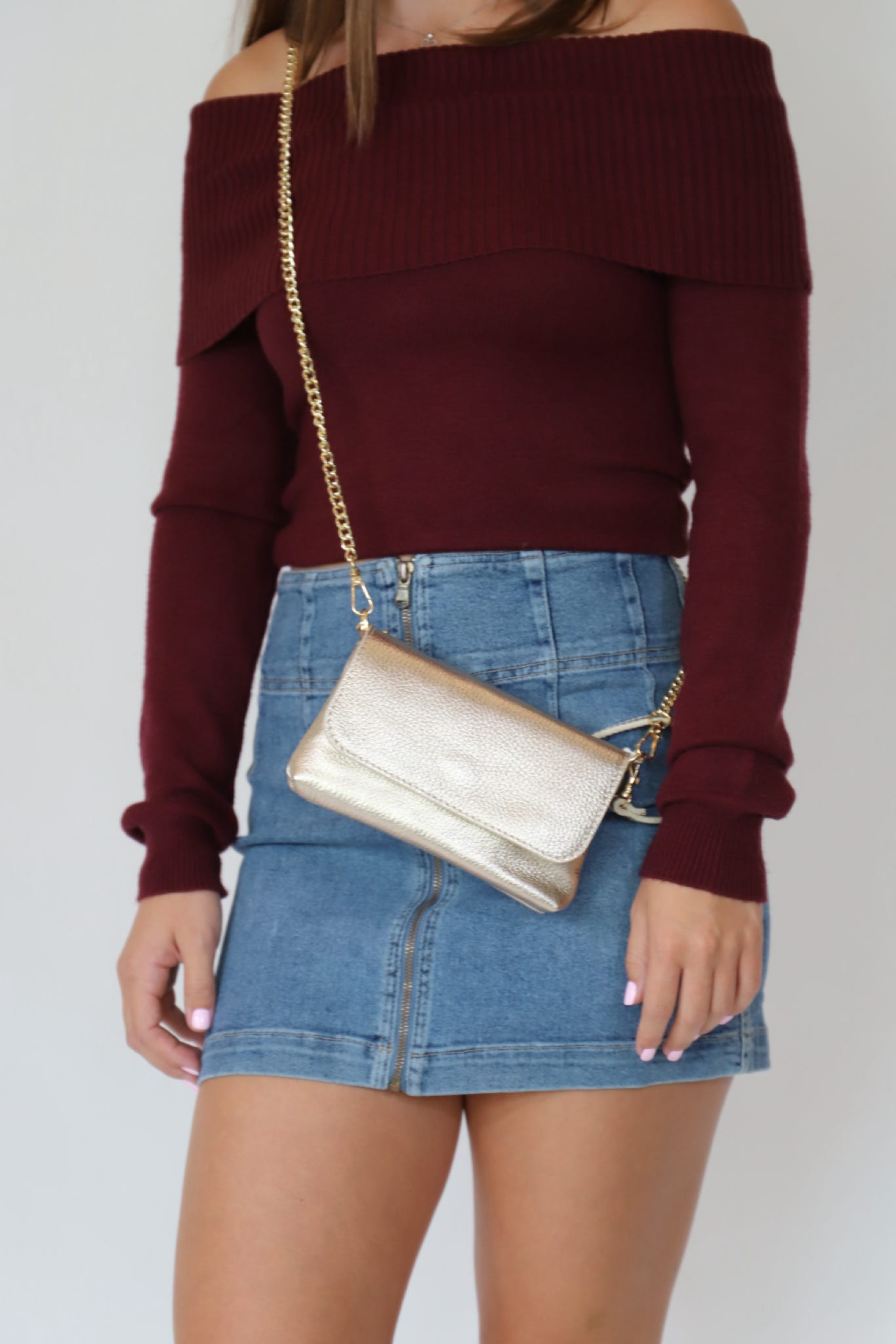 Off- Shoulder Long Sleeve Sweater-Maroon