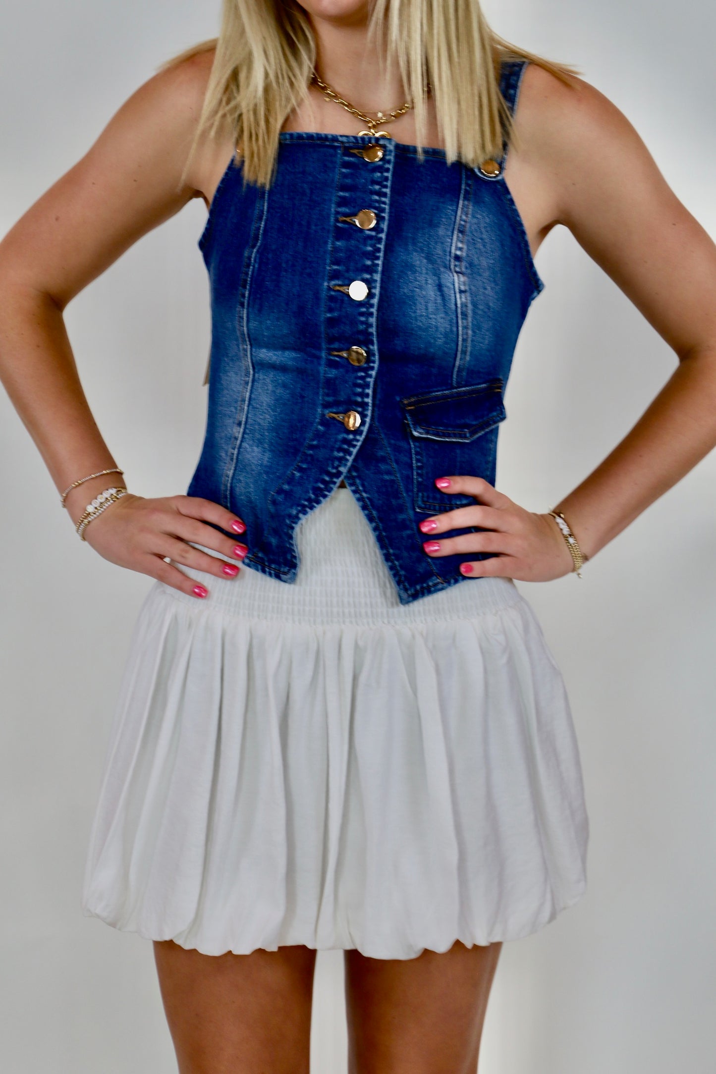 Smocked Waistband Bubble Hem Mini - White