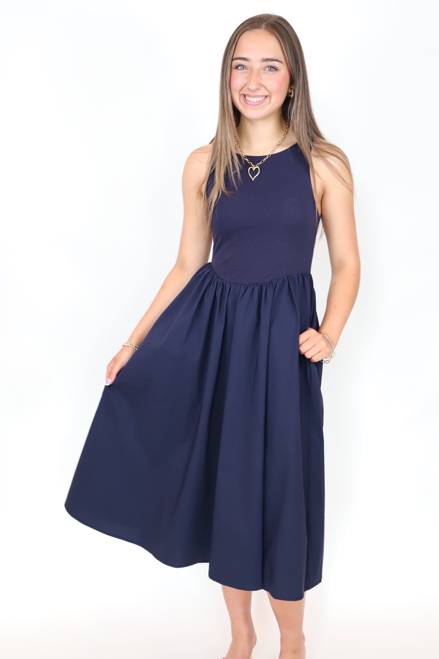 Knit Contrast Poplin Long Dress - Navy