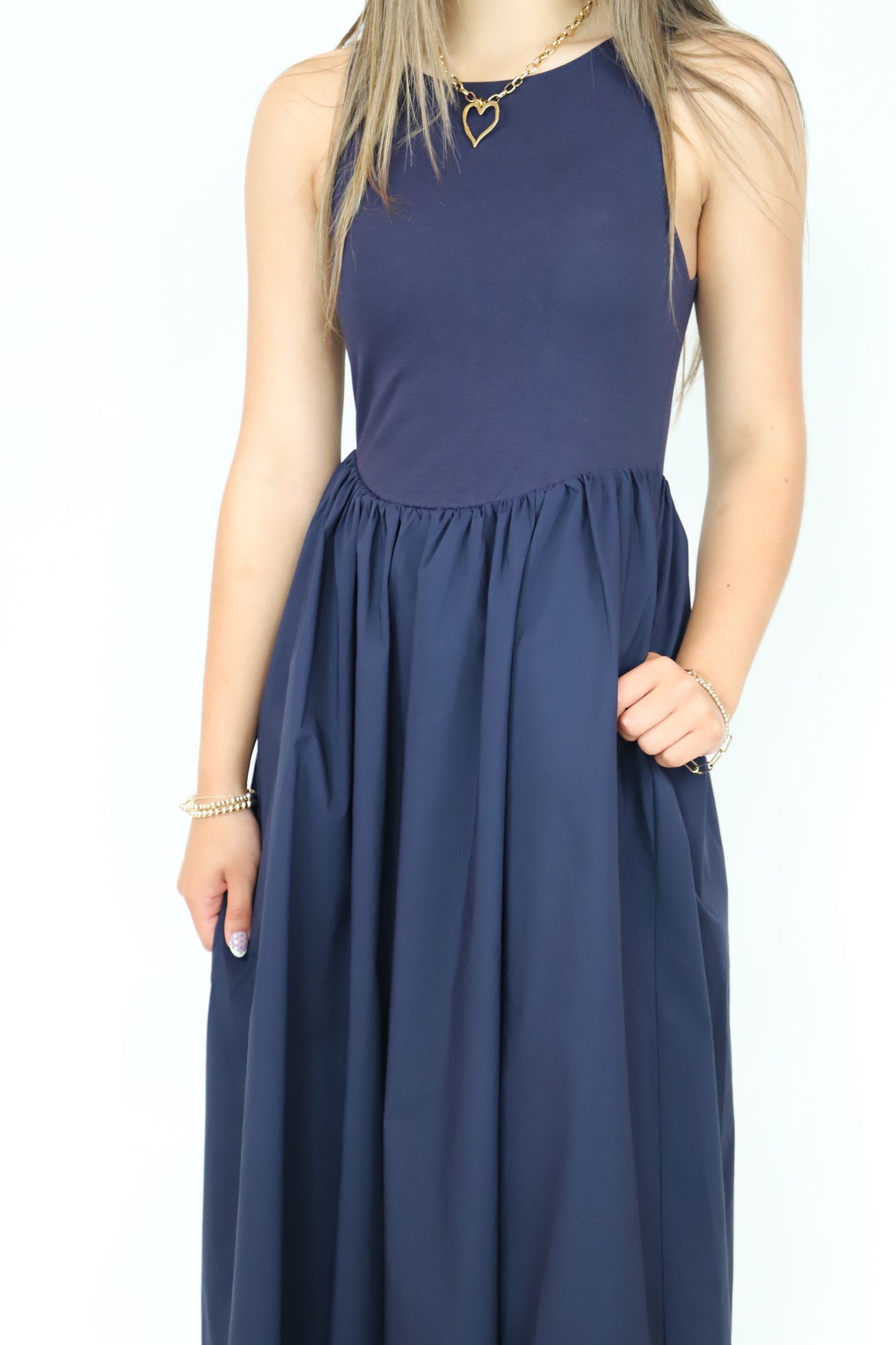 Knit Contrast Poplin Long Dress - Navy