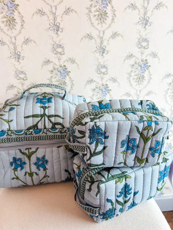 Blue floral cosmetic bag - medium
