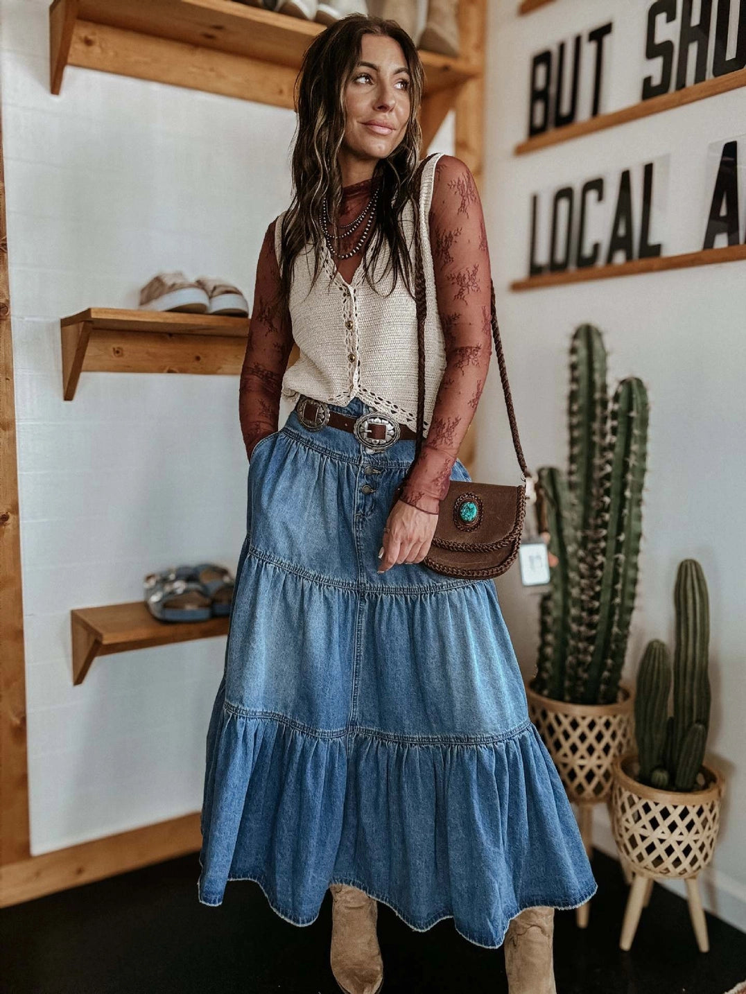 Midi Tiered Denim Skirt