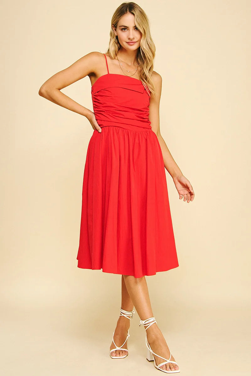 Shirring Detail Midi Dress - Red