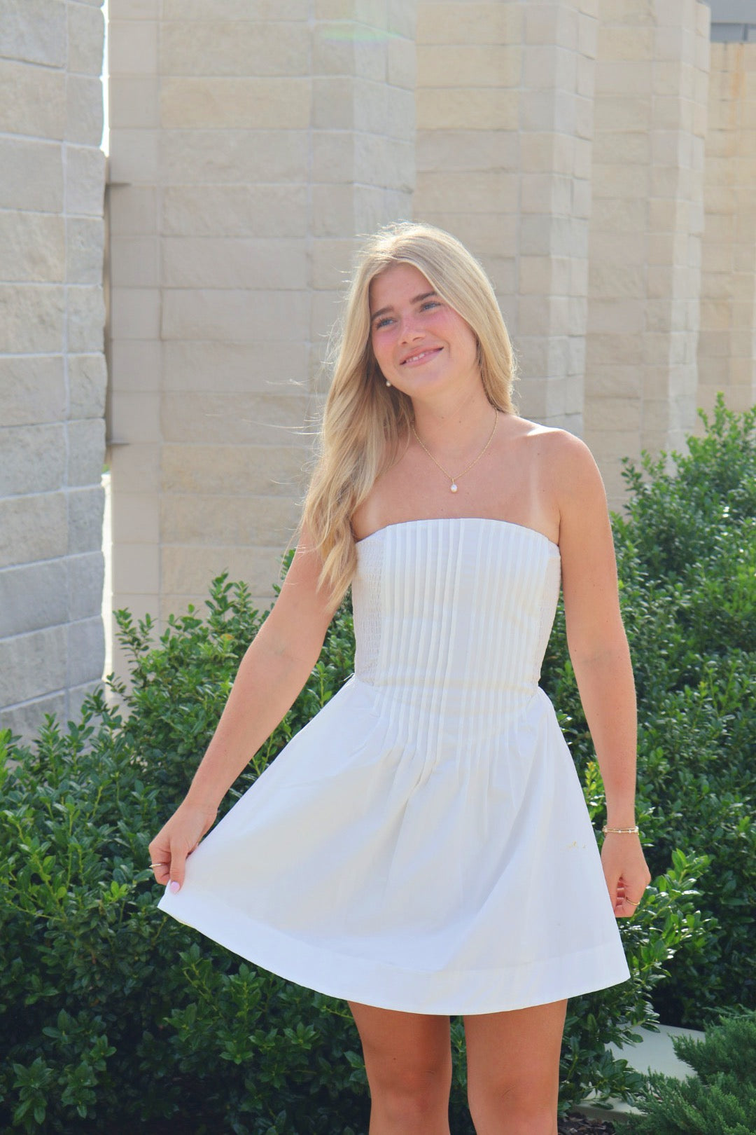 White Strapless Pleated Dress
