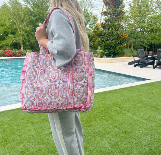 Heart of Grace Quilted Tote Bag- Pink Stripe