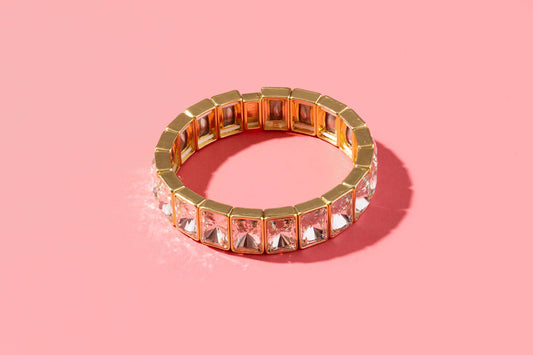 Enamel Stretch Bracelet -Gold w/ Crystal XL Rectangle Stones