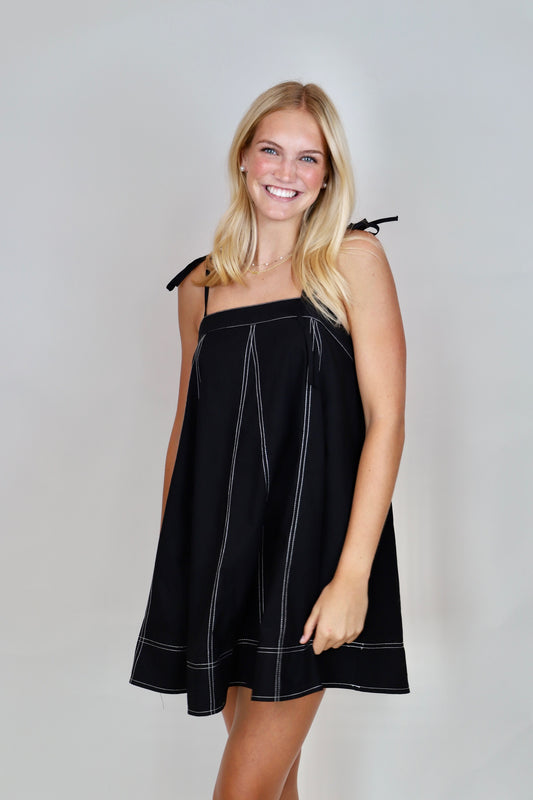 Contrast Top Stitch Mini Dress - Black