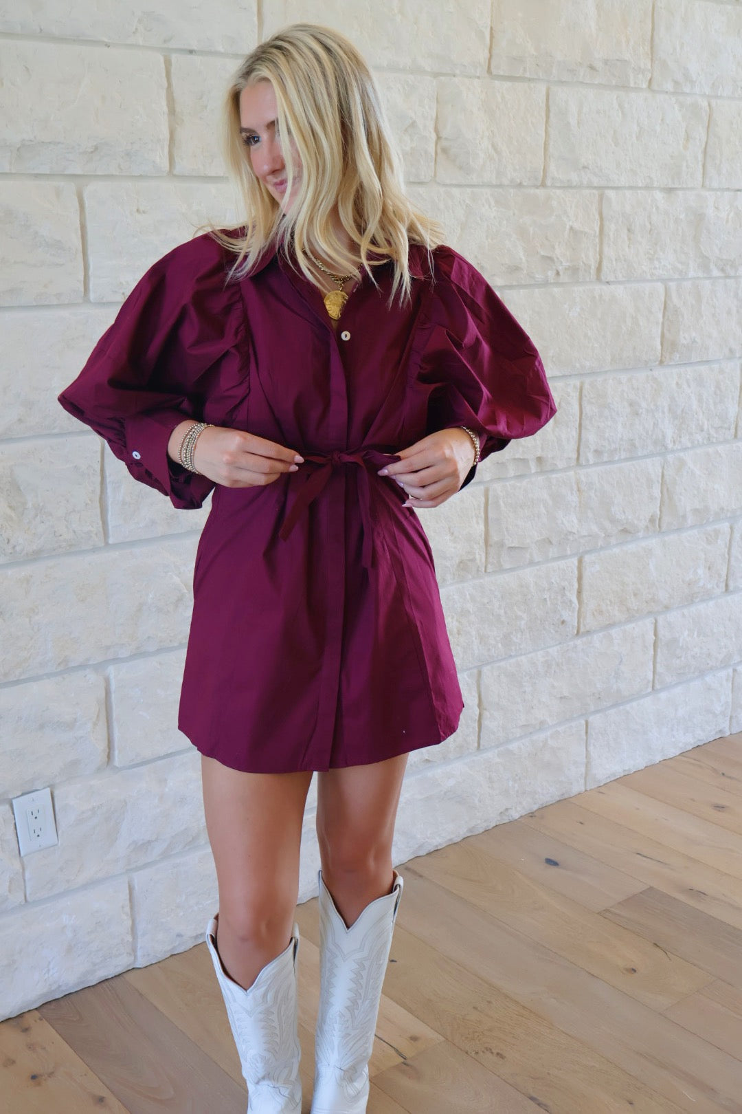 Balloon Sleeve Maroon Tie Front