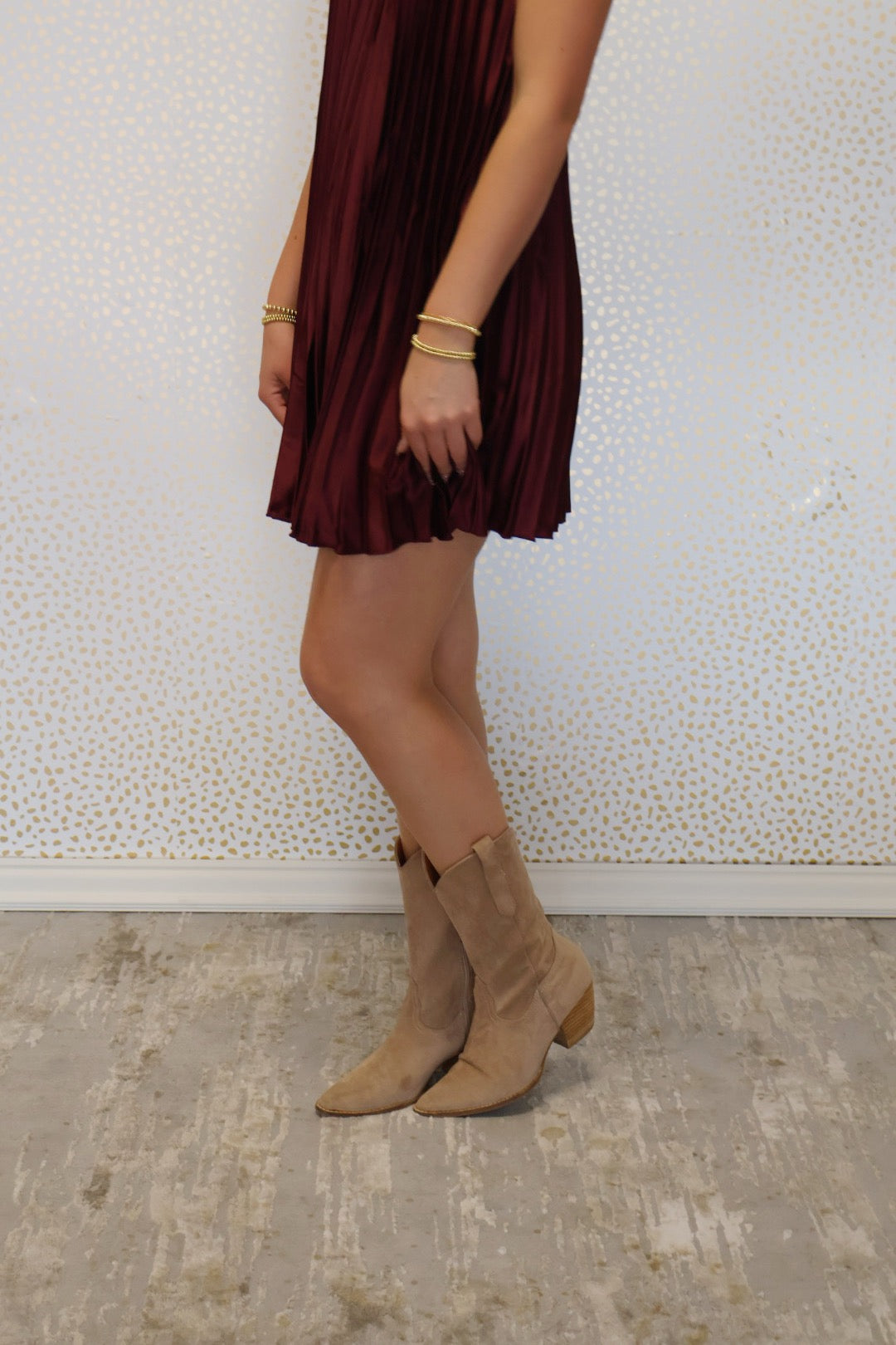 Maroon satin halter dress