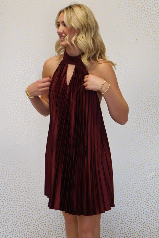 Maroon satin halter dress