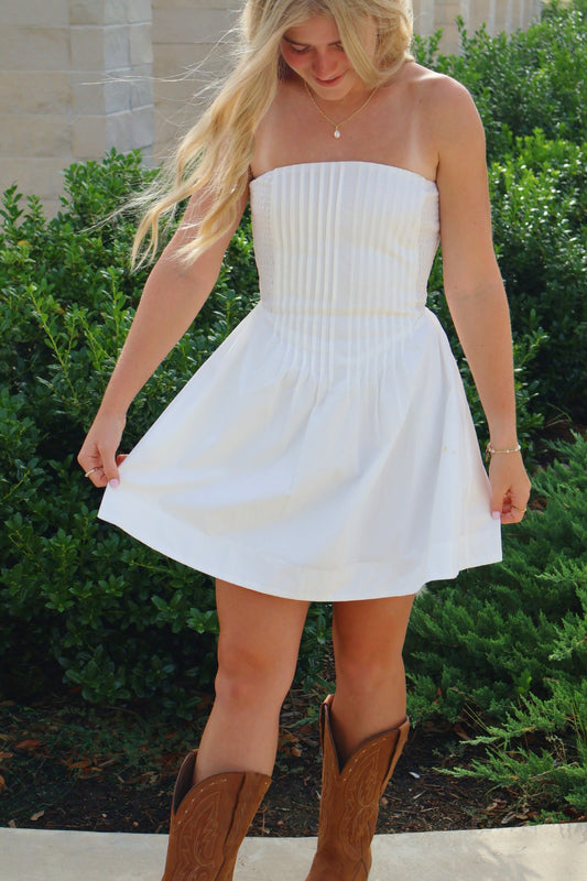 White Strapless Pleated Dress