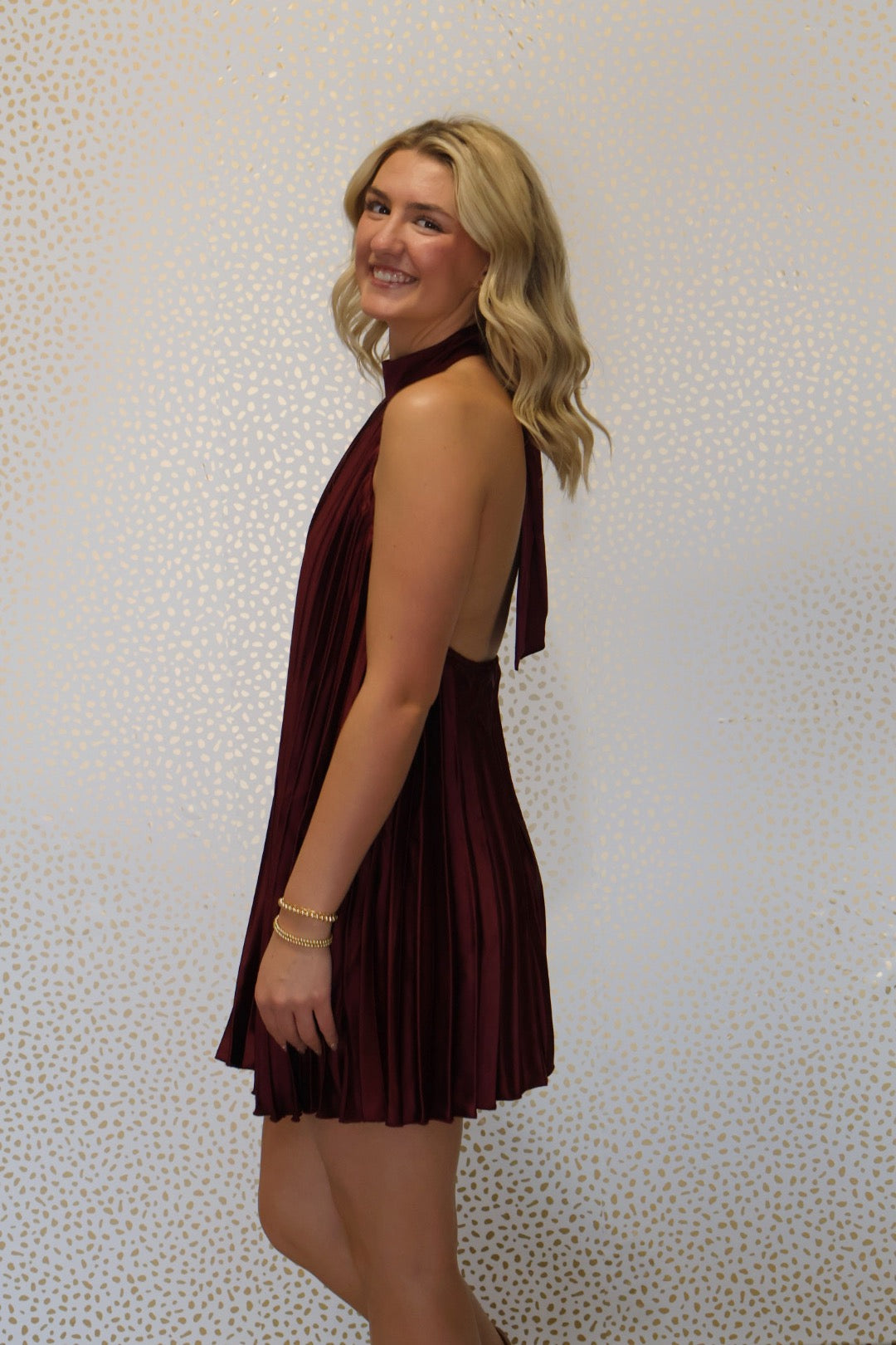 Maroon satin halter dress