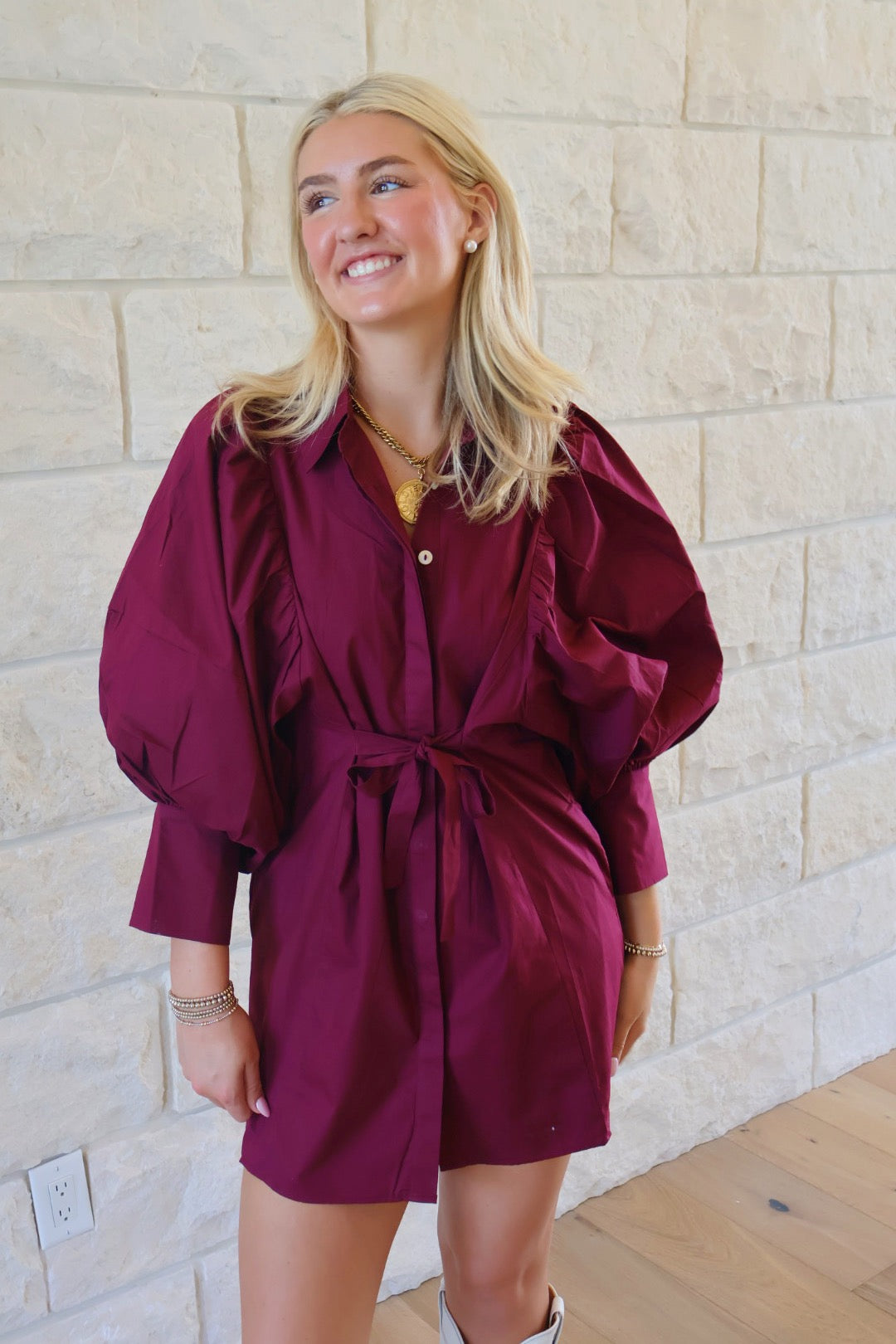 Balloon Sleeve Maroon Tie Front