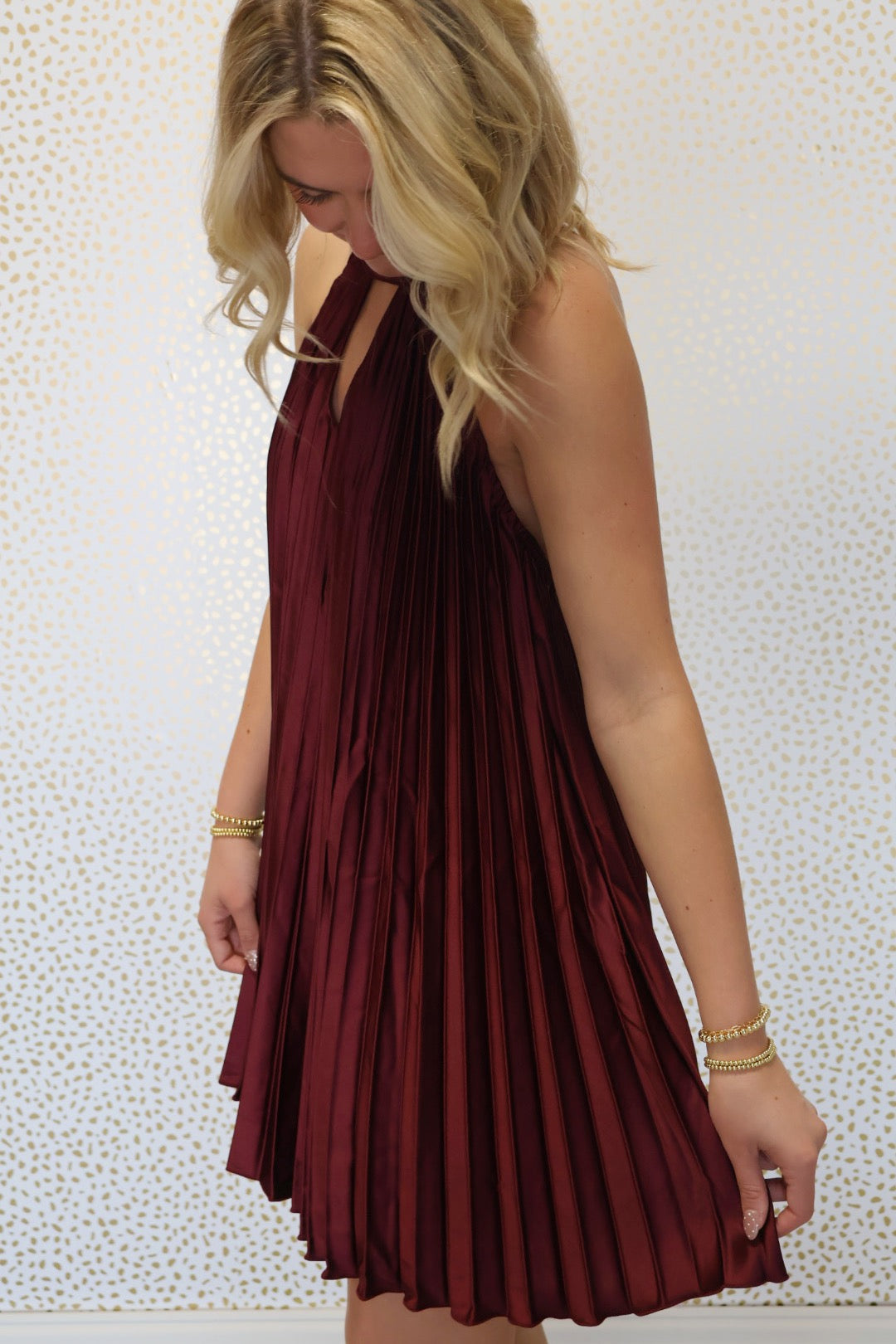 Maroon satin halter dress