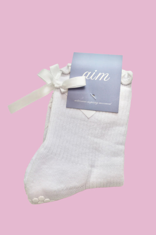 Pilates Super Grip Crew Socks - White Bow Back