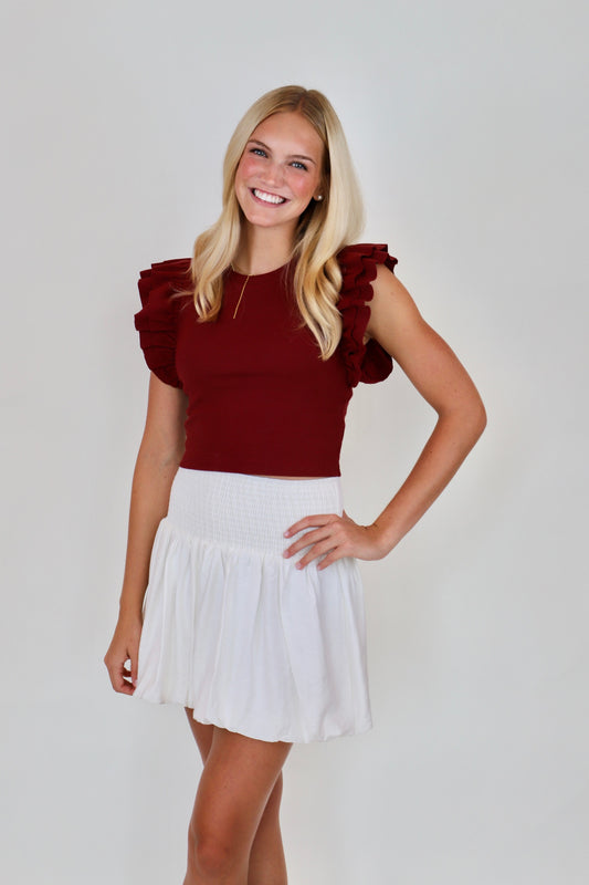 Ribbed Crop Top with Ruffle Detail - Maroon