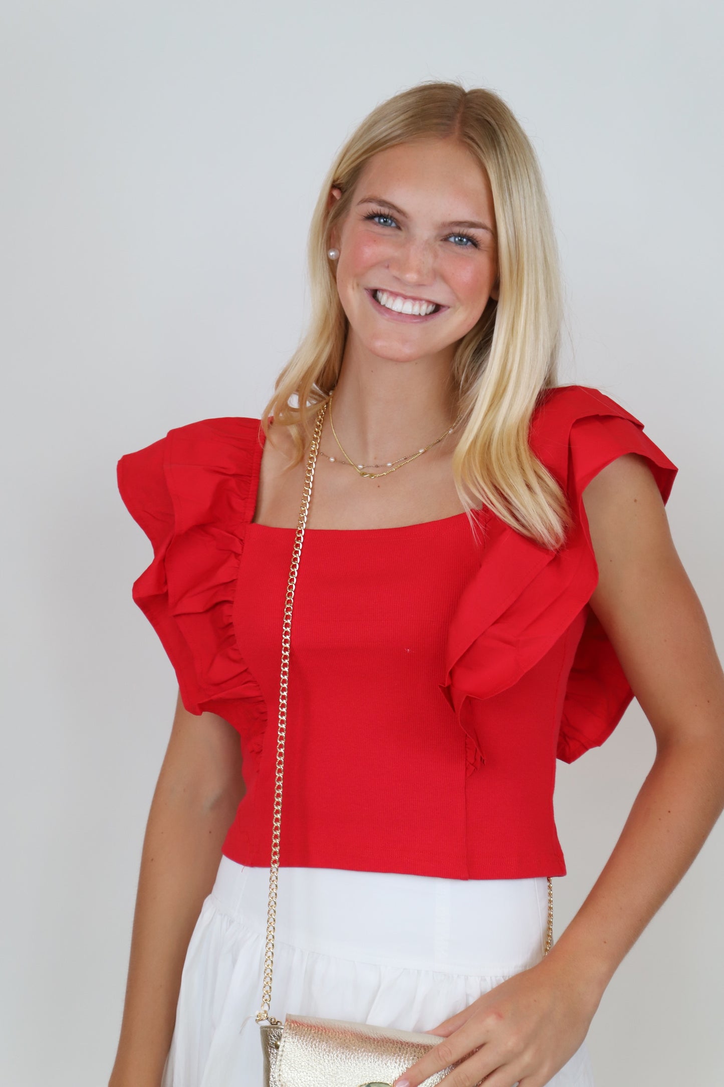 Square Neck Ribbed Top Ruffle Sleeve - Red