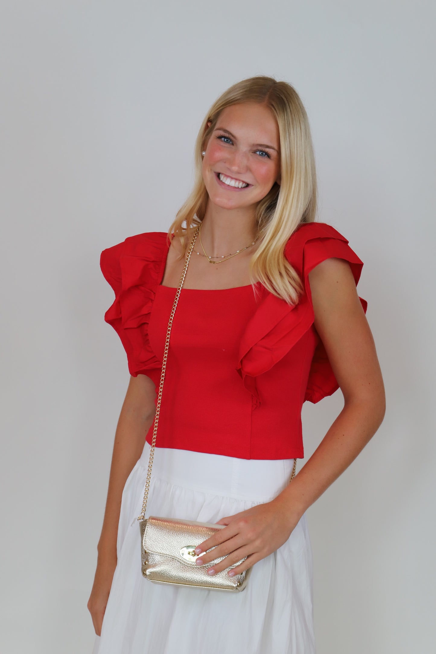 Square Neck Ribbed Top Ruffle Sleeve - Red