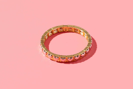 Enamel Stretch Bracelet -Gold w/ Silver Hearts - Hartley