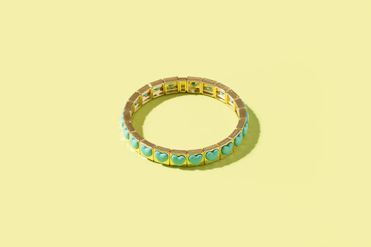 Enamel Stretch Bracelet :Gold w/ Turquoise Hearts